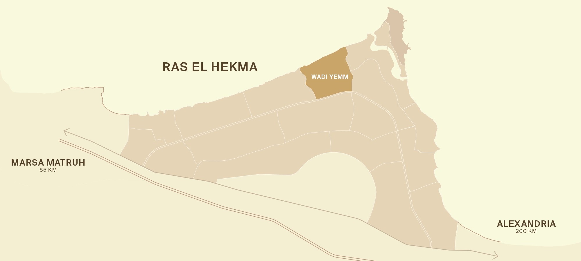 Map placing Ras El Hekma between Alexandria and Marsa Matrouh